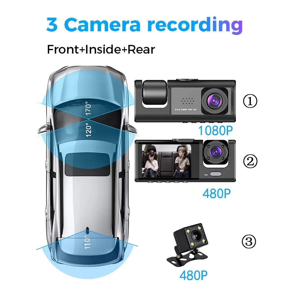 Docooler 3 Cameras Dash Cam Multi-Language Clear Car Rearview Mirror Car Video Recording Camcorder Wide Angle Car Camera Recorder WIFI Interconnection Auto Safety Driving Recorder