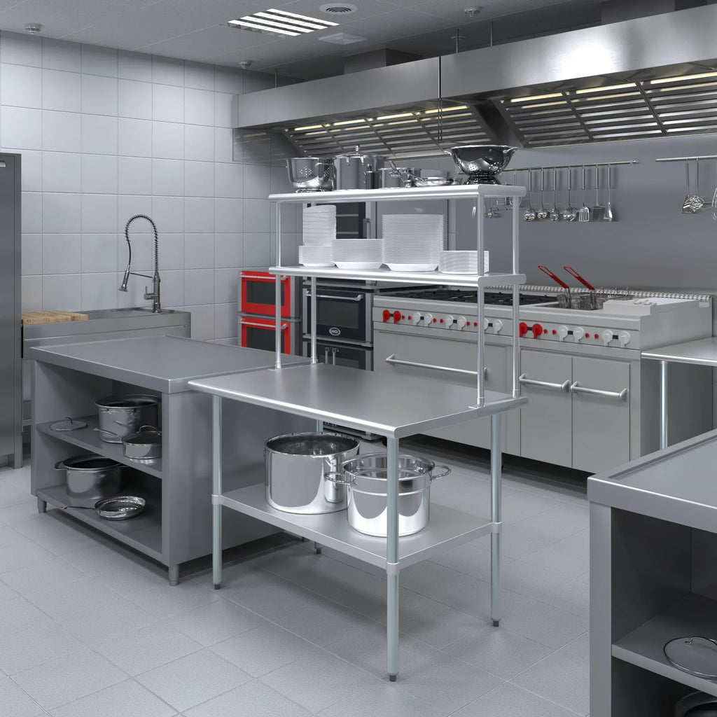 AmGood 30" x 48" Stainless Steel Work Table With 12" Wide Double Tier Overshelf | Metal Kitchen Prep Table & Shelving Combo
