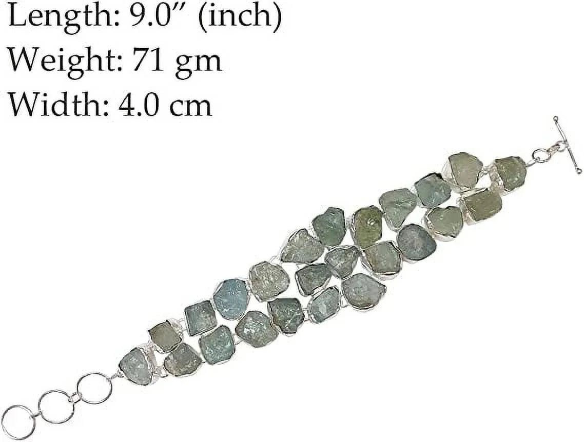 Aquamarine Gemstone for Women, Silver Plated Handmade Flower Design Fashion Jewllery, Gift Party Boho Designer Chain Bracelet, 9" Length
