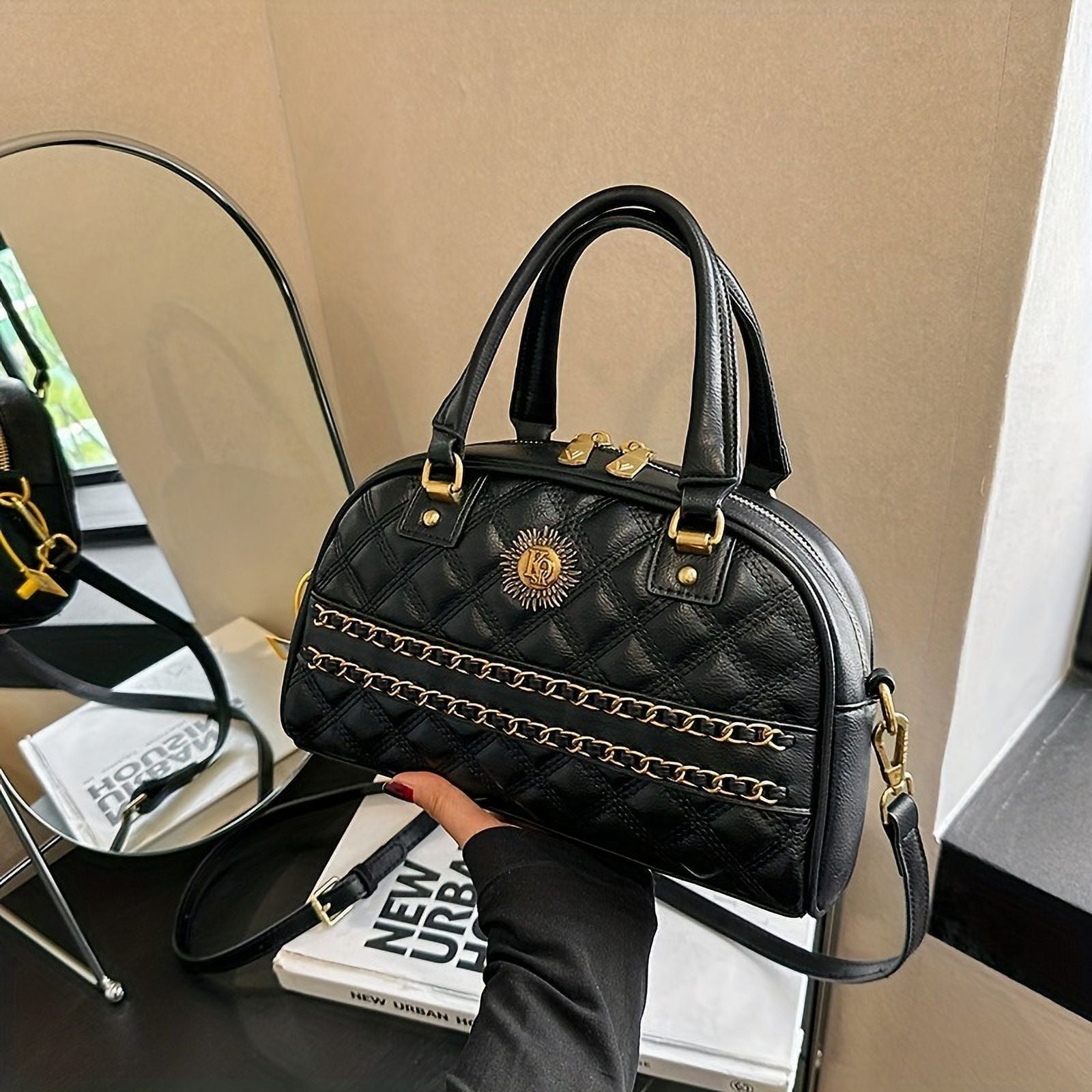 MICHROE Argyle Quilted Handbag  Y2K Chain Decor Bowling Bag  Women‘s Boston Crossbody Purse