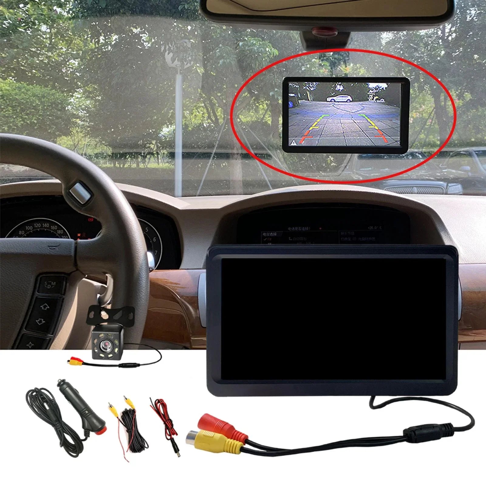 Car Rearview Monitor 7" Park Assist Vehicle Parking System Easy Installation 10M Video Cable Screen Waterproof LCD 8 LED Camera SUV Car
