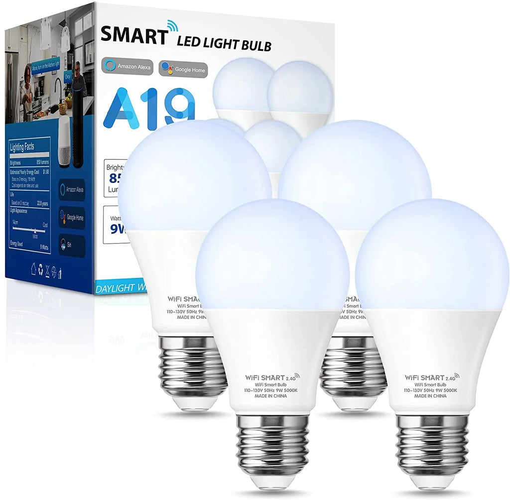 YANSUN A19 Smart Light Bulb Work with Alexa, Google Home & Siri,WiFi LED Bulb Daylight 5000K, 9W 60W, Dimmable, 850LM,4 Pack