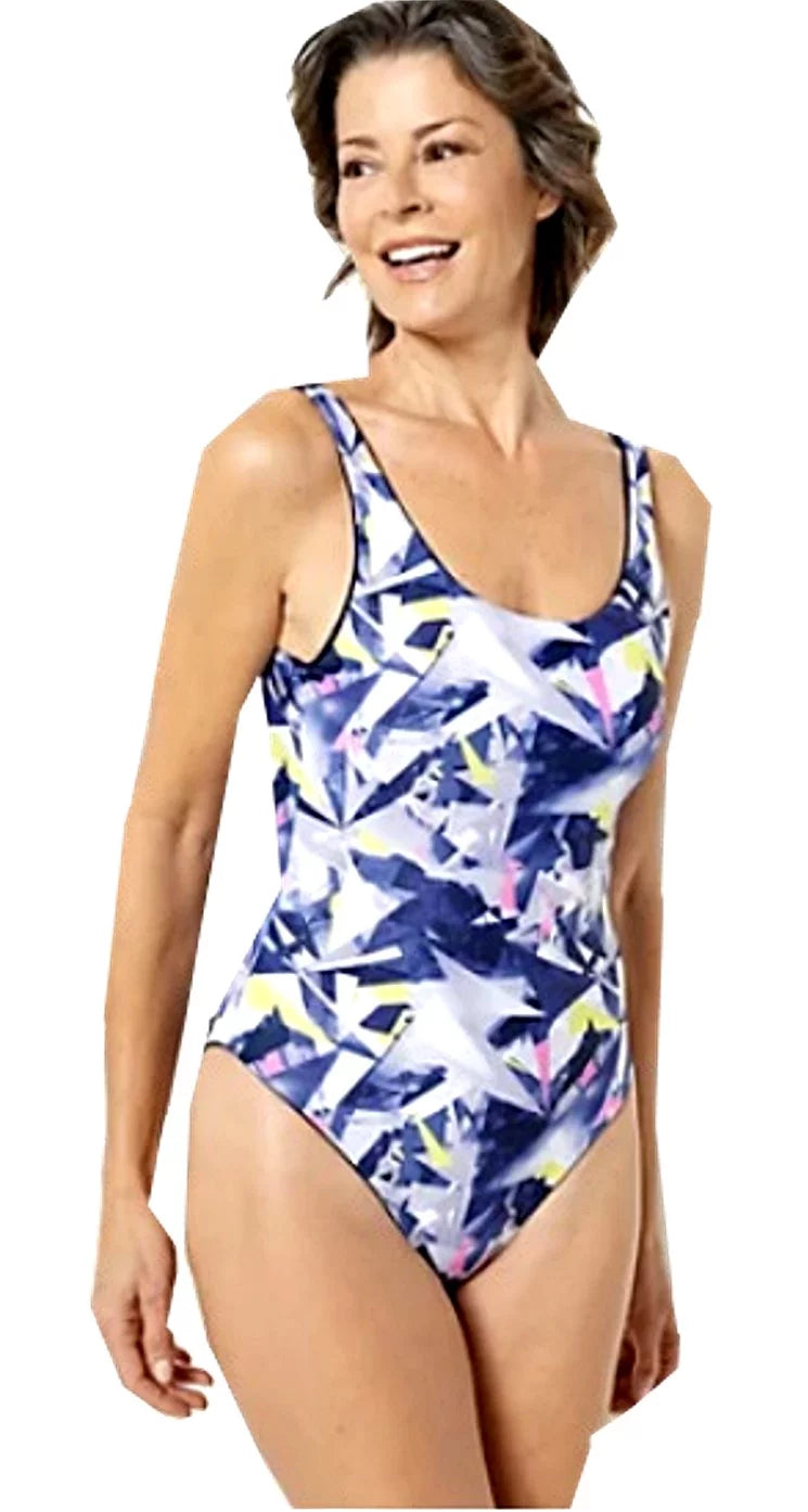 Attitudes by Renee 1-Piece Reversible Bathing Suit Swimsuit - Neon Shatter/Navy  A500943 Size  Large