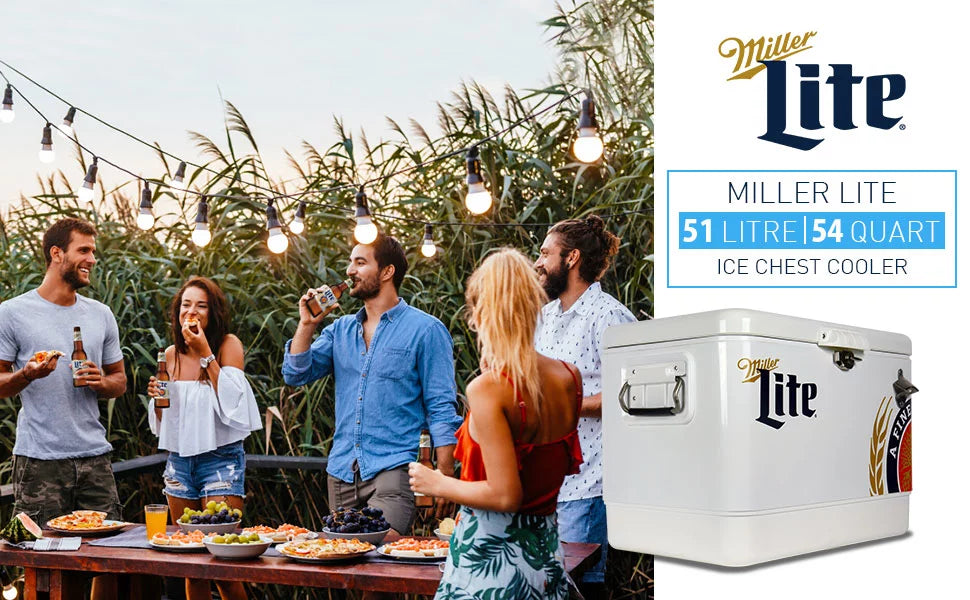 Miller Lite Ice Chest Beverage Cooler with Bottle Opener, 51L (54 QT), 85 Can steel-belted Portable Cooler, White and Blue, for Camping, Beach, RV, BBQs, Tailgating, Fishing