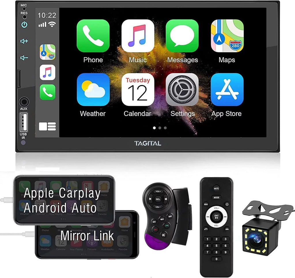 Tagital Double Din Car Stereo Apple Carplay &Android Auto, 7 Inch HD LCD Touch Screen with Bluetooth, MP5 Player, Backup Camera, Mirror Link