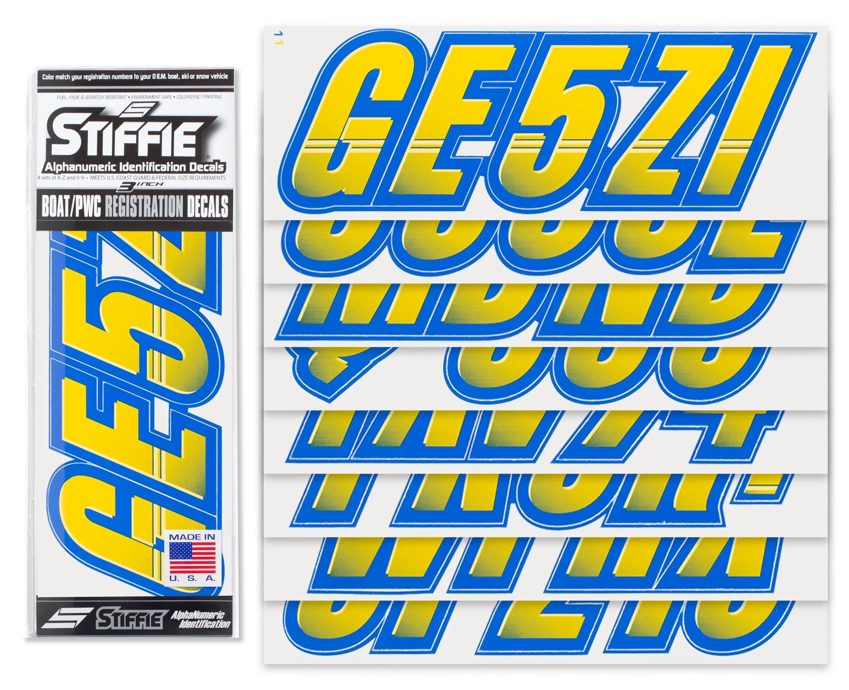 STIFFIE Techtron Yellow/Blue 3" Alpha-Numeric Identification Custom Kit Registration Numbers & Letters Marine Stickers Decals for Boats & Personal Watercraft PWC