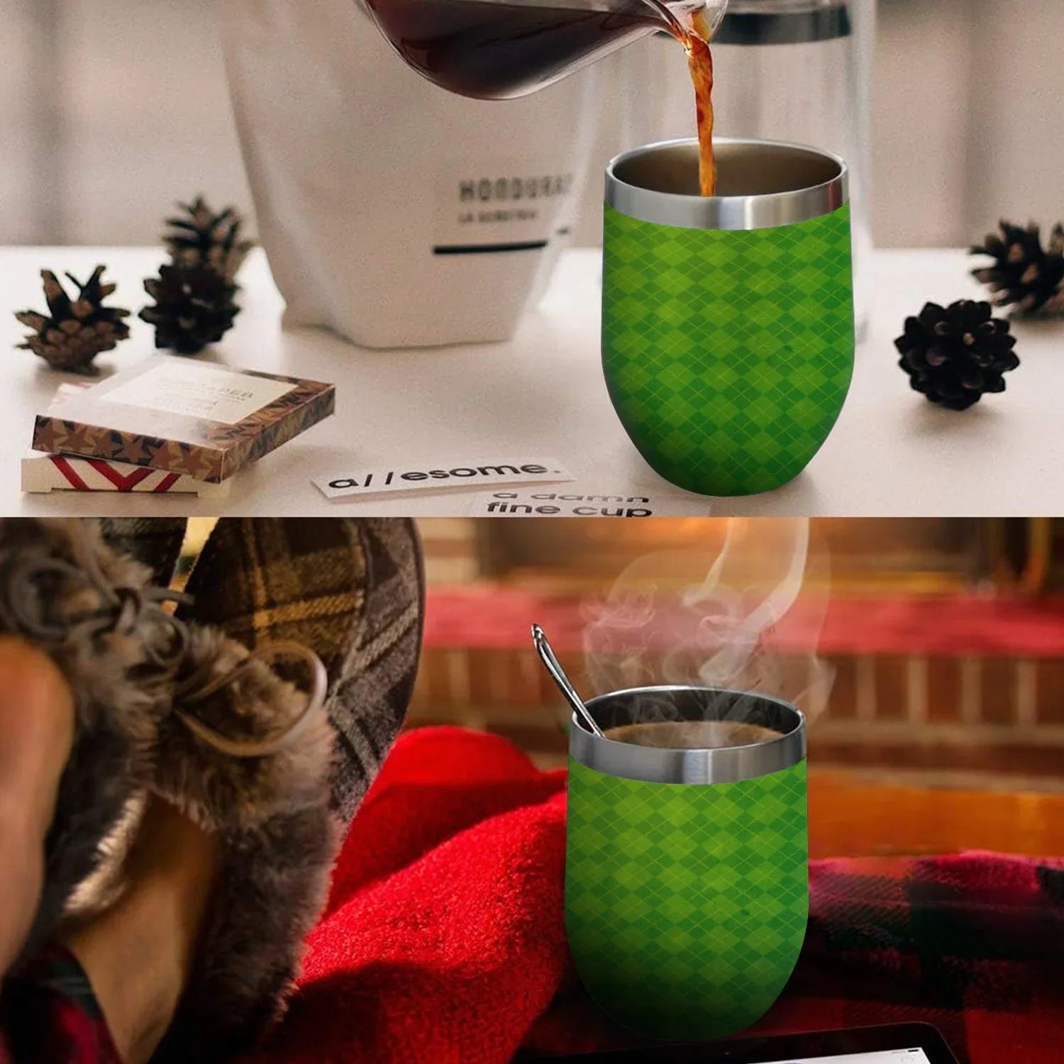 Hidove 12oz 304 Stainless Steel Vacuum Insulated Cups, Green Argyle Textured Background Eggshell Cup U Shape Tumbler Cups with Lid, Double Layer Insulation Wine Cup Big Belly Cup