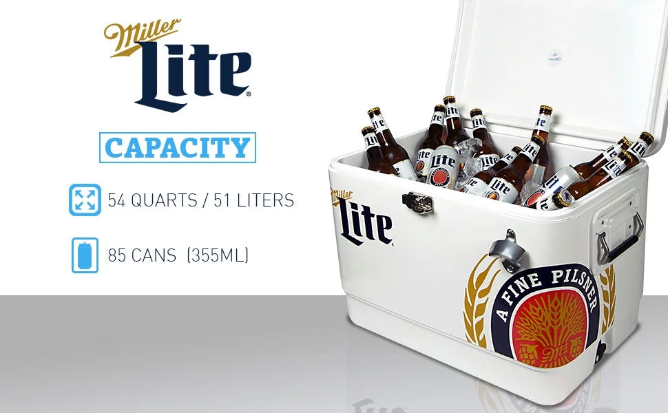 Miller Lite Ice Chest Beverage Cooler with Bottle Opener, 51L (54 QT), 85 Can steel-belted Portable Cooler, White and Blue, for Camping, Beach, RV, BBQs, Tailgating, Fishing