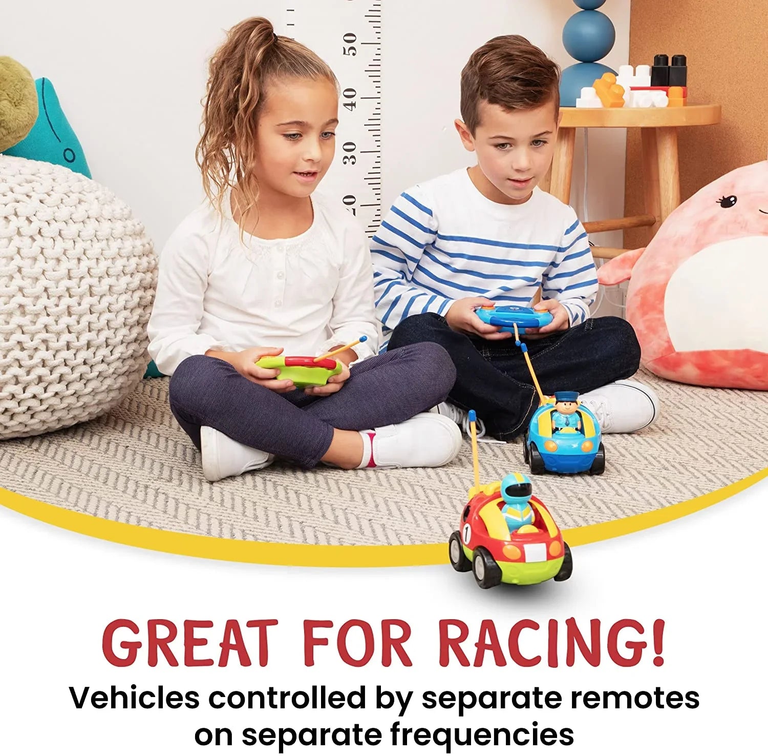 Prextex 2 Pack Cartoon Remote Control Cars | Police Car and Race Car - RC Toys for Kids, Boys, & Girls - Each with Different Frequencies So Both Can Race Together - Gifts for Toddler Boys Ages 2-4
