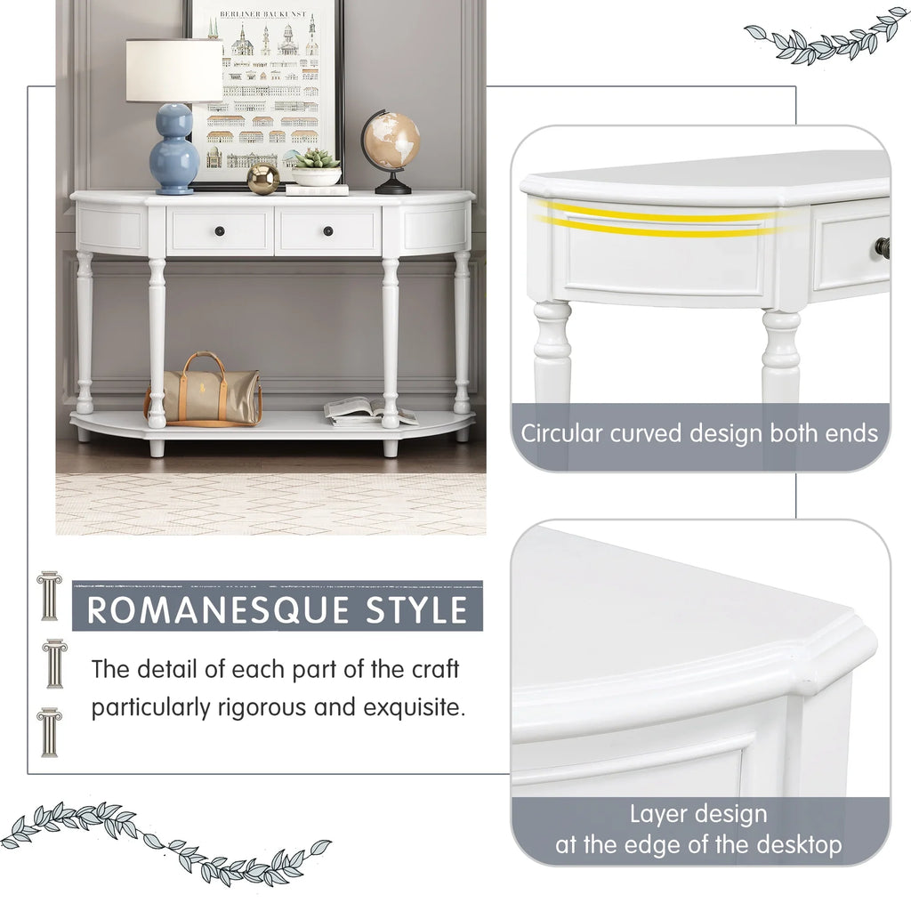 Retro Circular Curved Design Console Table with Open Style Shelf Solid Wooden Frame and Legs Two Top Drawers (White, OLD SKU: WF298768AAK)