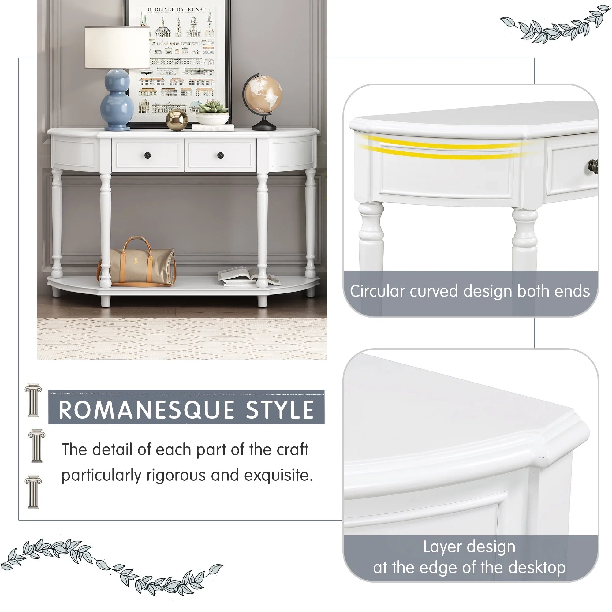 Retro Circular Curved Design Console Table with Open Style Shelf Solid Wooden Frame and Legs Two Top Drawers (White, OLD SKU: WF298768AAK)