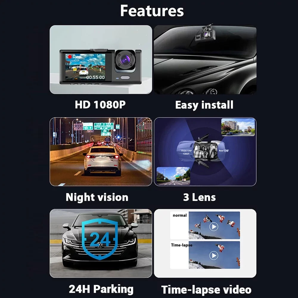 Docooler 3 Cameras Dash Cam Multi-Language Clear Car Rearview Mirror Car Video Recording Camcorder Wide Angle Car Camera Recorder WIFI Interconnection Auto Safety Driving Recorder
