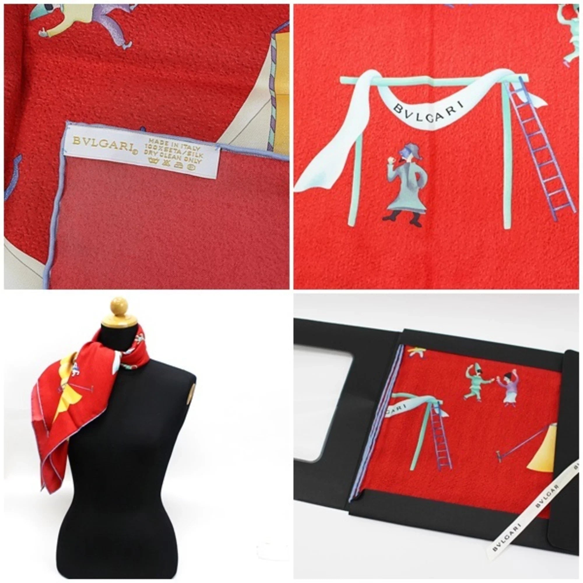 Pre-Owned Bvlgari scarf muffler silk red circus pattern BVLGARI ladies (Like New)