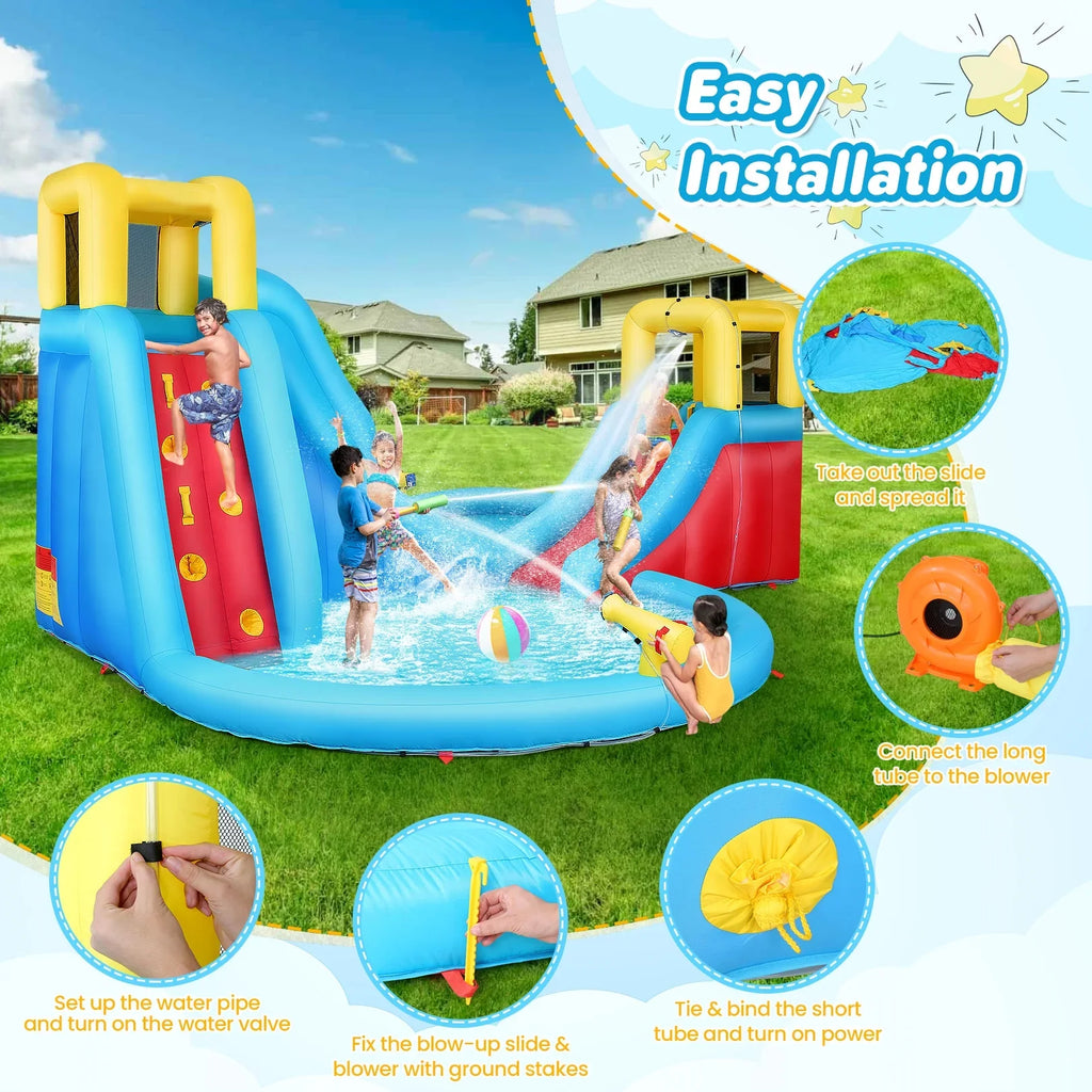 Veeboto Inflatable Water Slide for kids with 520W Blower Bounce House with 2 Water Slides, 2 Splash Pool & 2 Climbing Walls Indoor/Outdoor Playgrounds