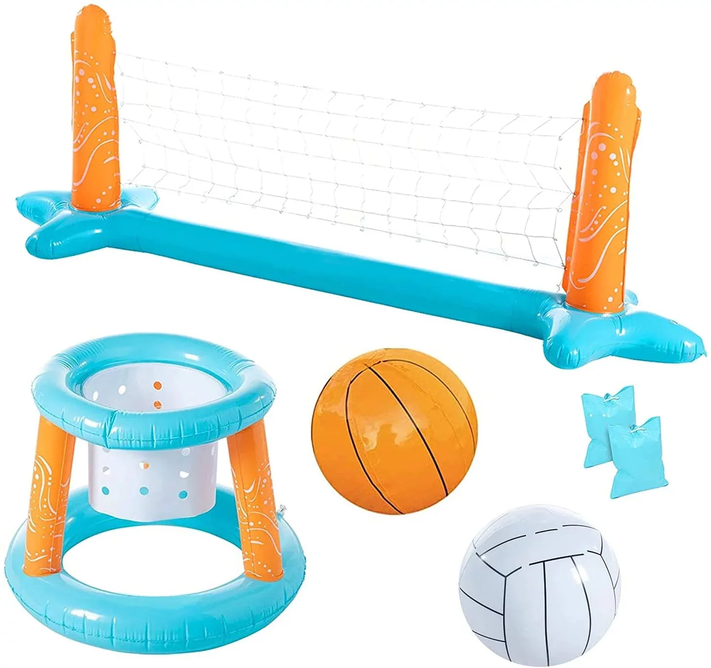 Clover Larger Pool Volleyball Set & Basketball Hoop, Pool Volleyball Net for Inground Balls & Weight Bags, Pool Toys Game for Kids Teens and Adults | Light Blue