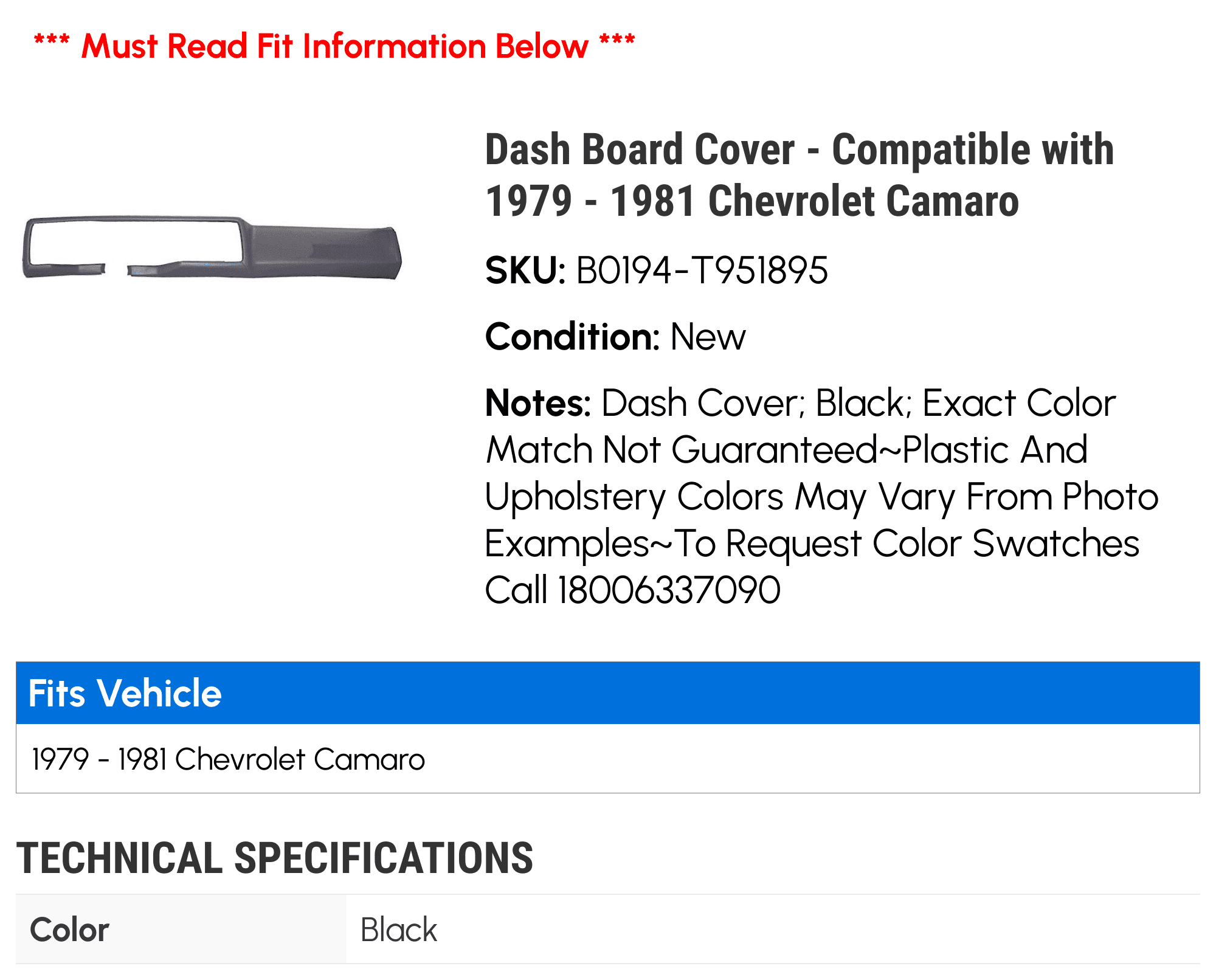 Dash Board Cover - Compatible with 1979 - 1981 Chevy Camaro 1980
