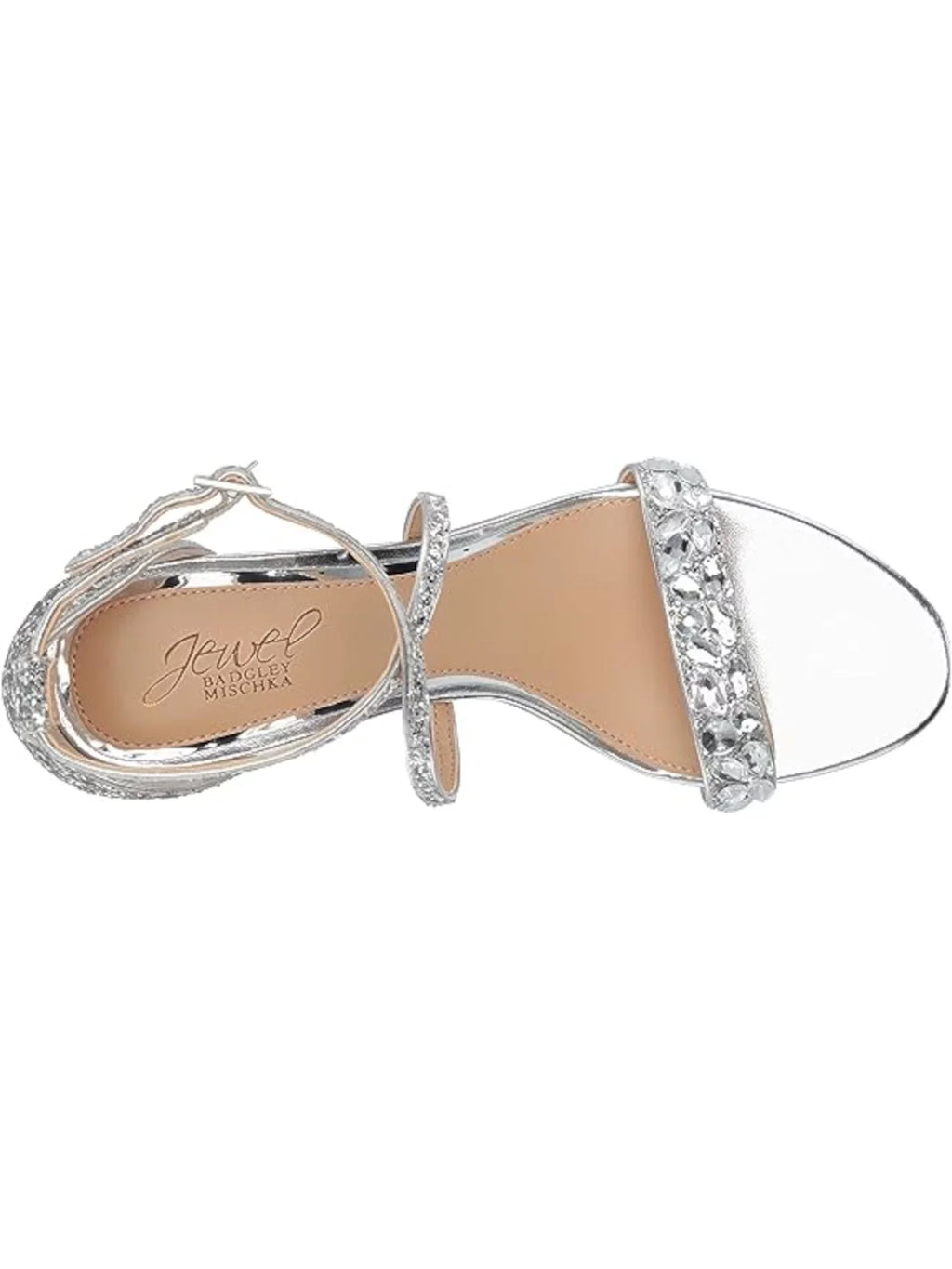 JEWEL BADGLEY MISCHKA Womens Silver Embellished Glitter Claudia Round Toe Block Heel Buckle Dress Heeled Sandal 8.5 M