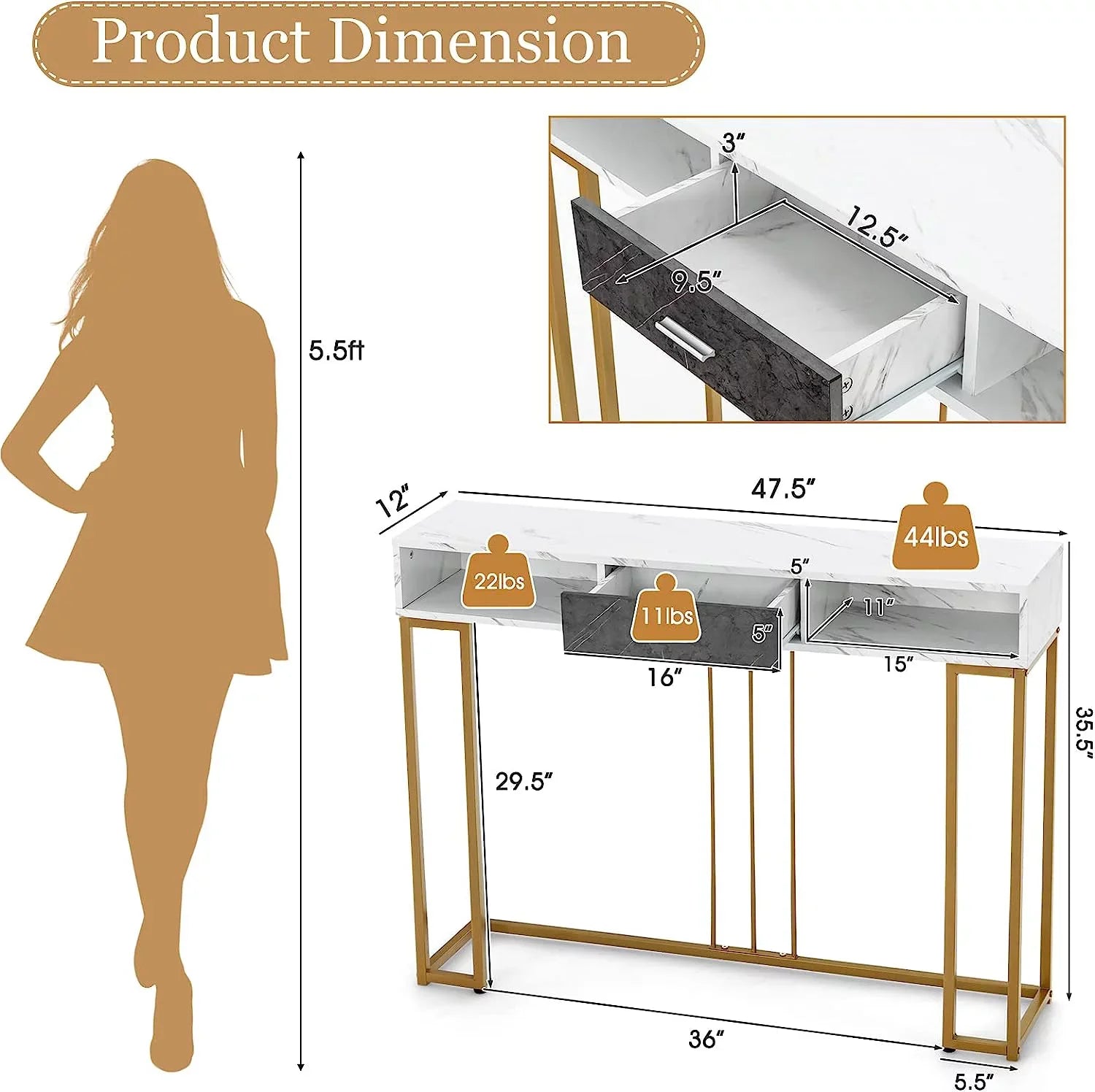 NLTBONNIE Console Table with Drawer - Sofa  with Anti-Toppling Device &amp; Adjustable Foot Pads  Faux Marble Foyer Table for Hallway  Entryway  Living Room  Dining Room &amp; Kitchen Ent