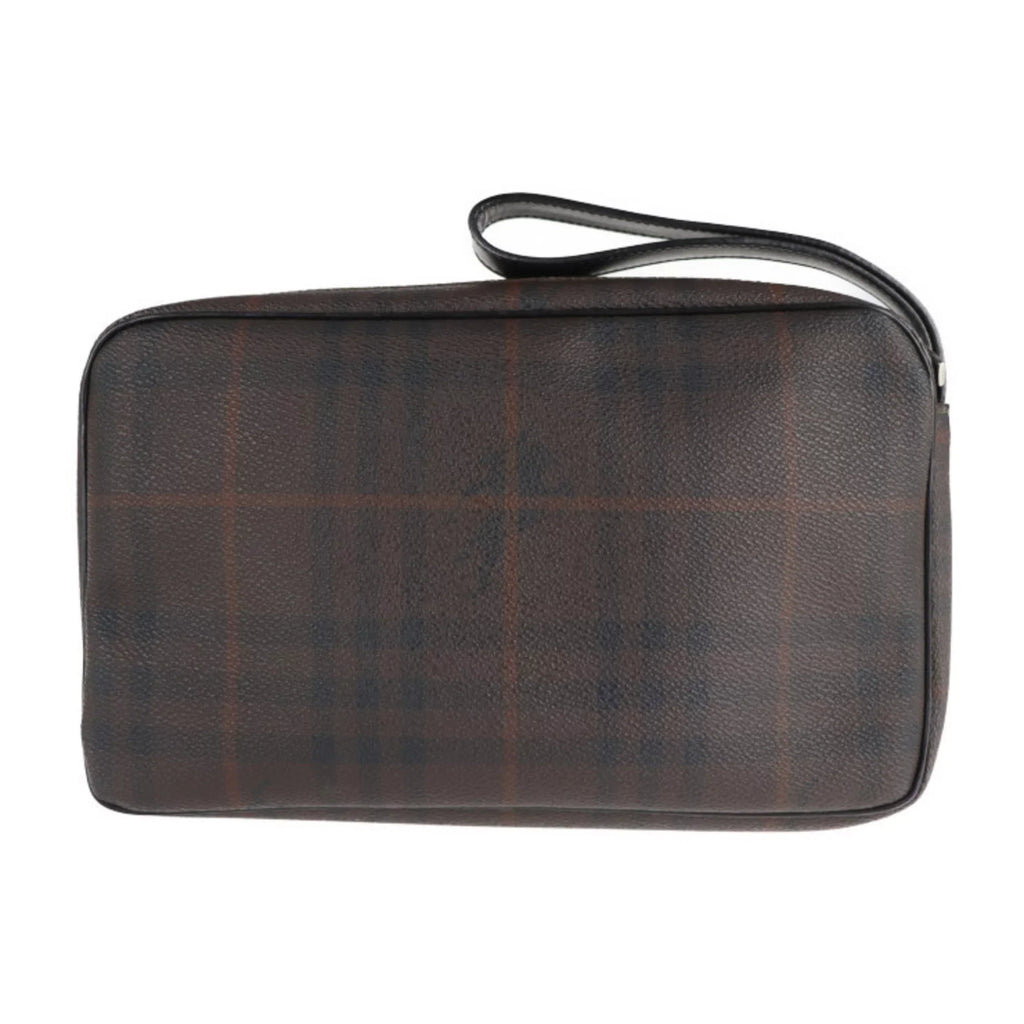 Pre-Owned BURBERRY Burberry Second Bag PVC Leather Dark Brown Plaid Clutch (Good)