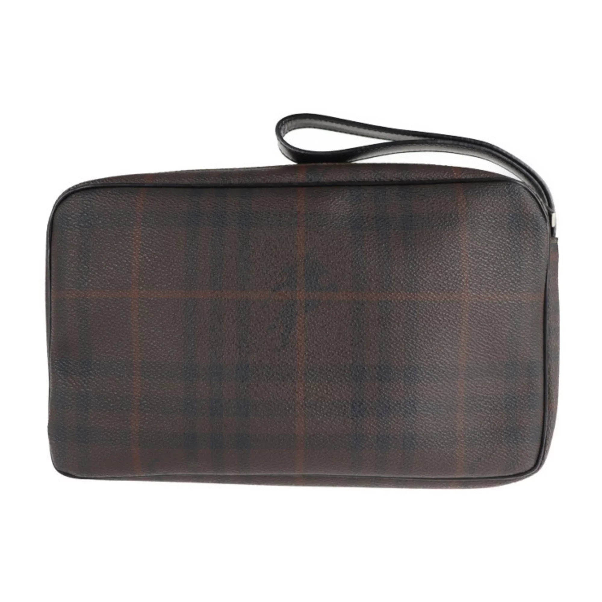 Pre-Owned BURBERRY Burberry Second Bag PVC Leather Dark Brown Plaid Clutch (Good)