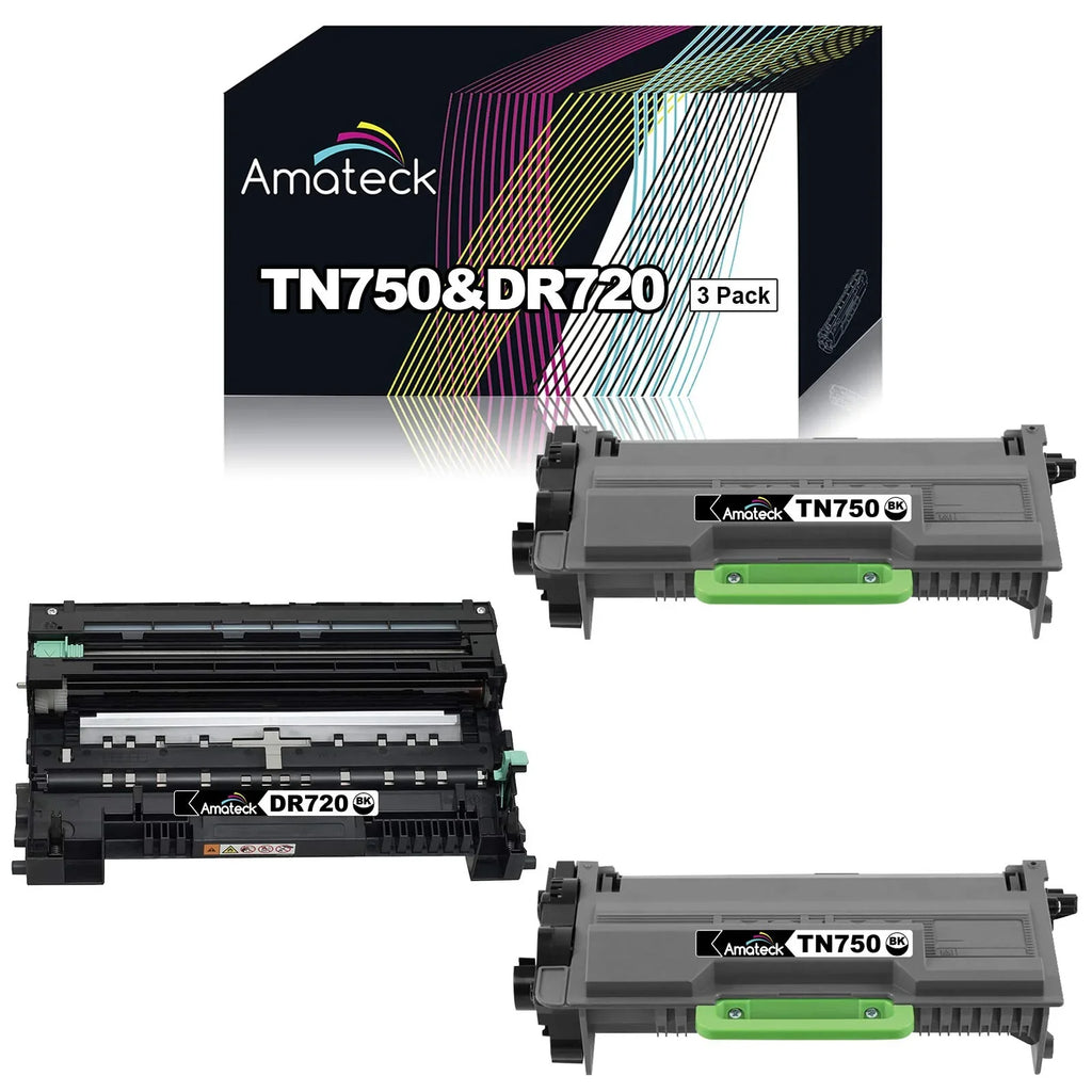 Amateck Compatible Replacement for Brother TN750 DR720 (2 Toner+1 Drum) 3 Pack for MFC-8510DN, 8710DW, 8810DW, 8910DW, 8950DW, HL-5440D, 5450DN, 5470DW, 6180DW, 6180DWT, DCP-8110DN, 8150DN, 8155DN
