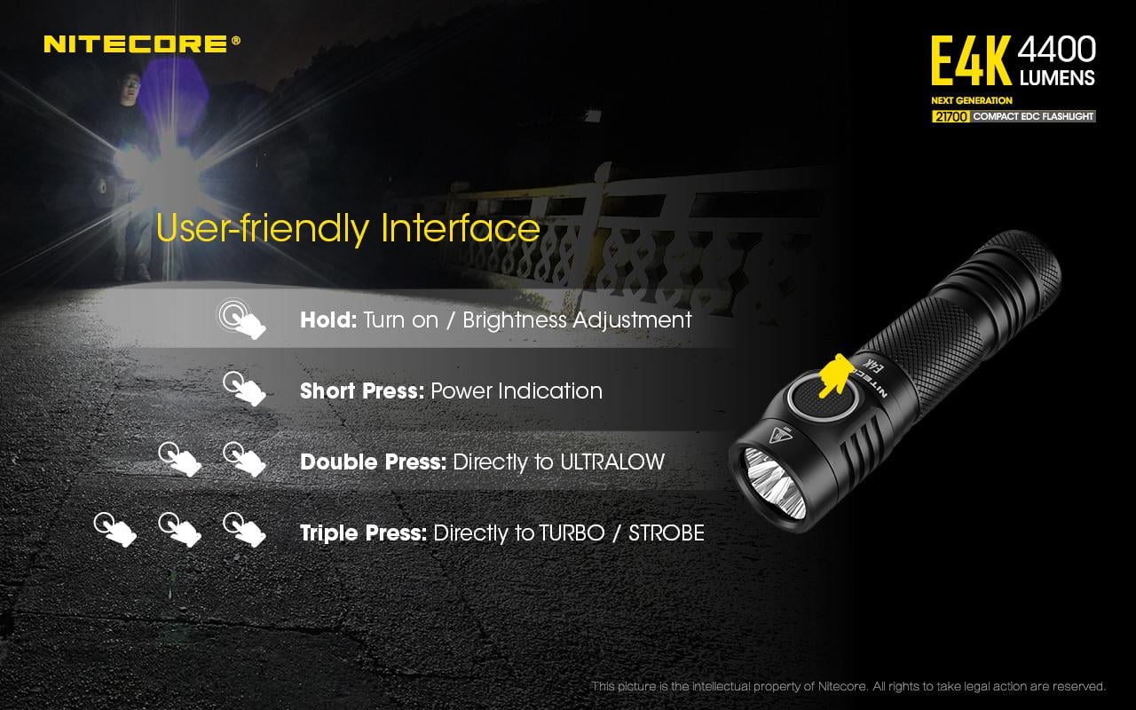 Combo: NITECORE E4K Next generation Flashlight - 4400 Lumens w/NL2150HPi  and  NL2150HPR Batteries +UMS2 Intelligent Charger  and  Eco-Sensa USB Cord
