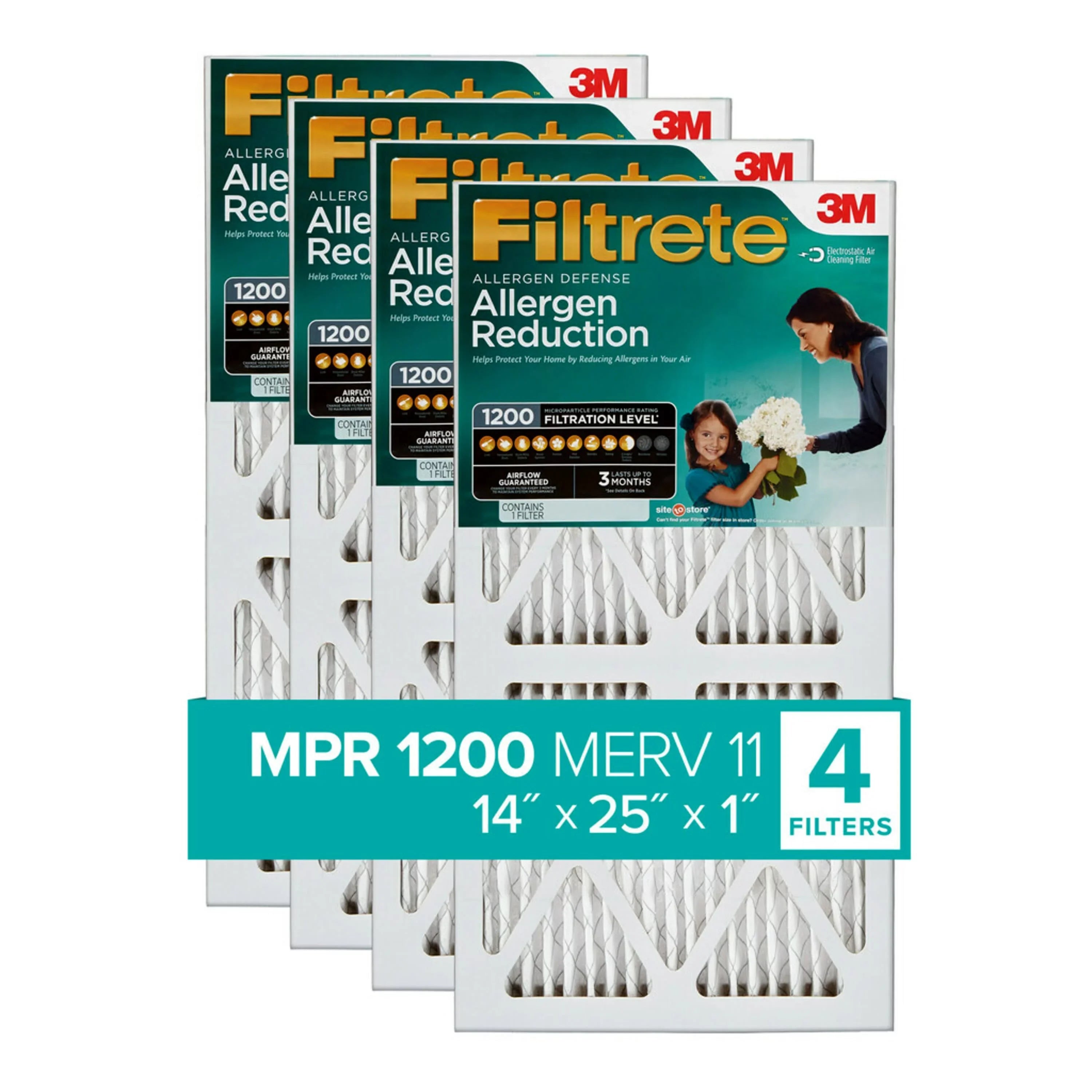 Filtrete by 3M 14x25x1, MERV 11, Allergen Reduction HVAC Furnace Air Filter, 1200 MPR, 4 Filters