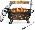 ECOPATIO Fire Pit for Outside, 30 Inch Large Outdoor Wood Burning Fire Pits, Patio Backyard Firepit with Steel BBQ Grill Cooking Grate, Spark Screen & Poker for Garden, Bonfire, Camping, Picnic