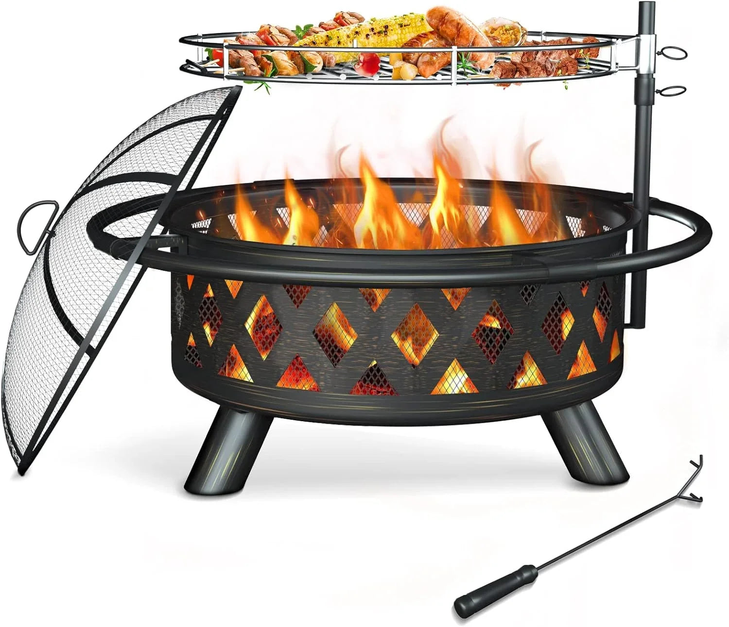 ECOPATIO Fire Pit for Outside, 30 Inch Large Outdoor Wood Burning Fire Pits, Patio Backyard Firepit with Steel BBQ Grill Cooking Grate, Spark Screen & Poker for Garden, Bonfire, Camping, Picnic
