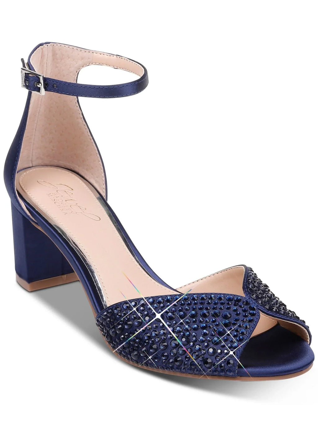 JEWEL BADGLEY MISCHKA Womens Navy Ankle Strap Rhinestone Sycamore Round Toe Block Heel Buckle Dress Sandals Shoes 9.5