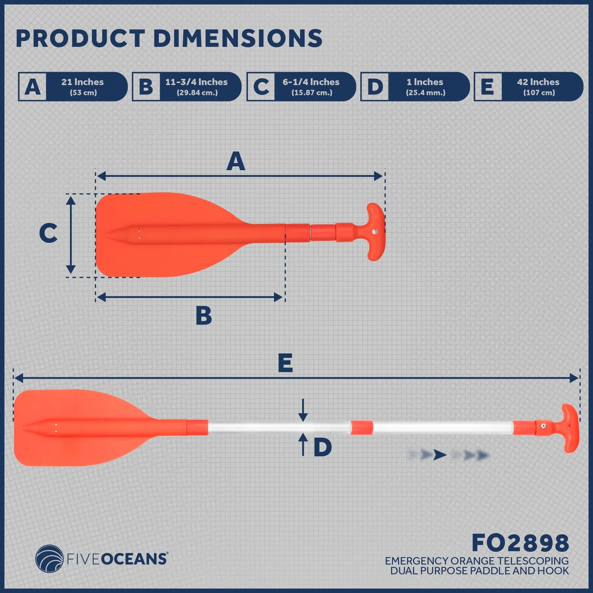 Five Oceans Emergency Telescoping Paddle, Boat Paddles, Floating Orange Paddle, Extends from 21" to 42", Compact Design for Easy Storage, Strong Anodized Aluminum Shaft - FO2898