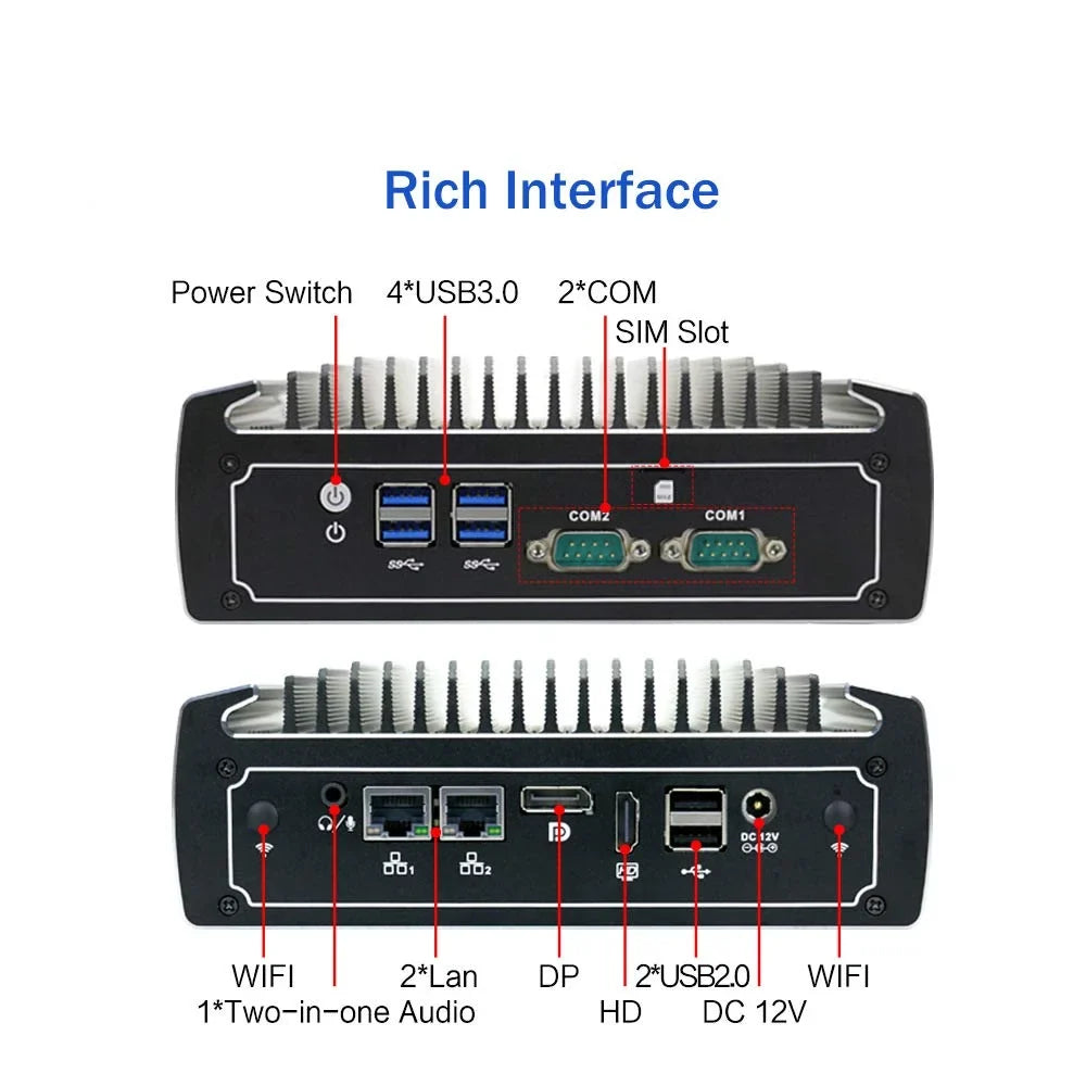 PARTAKER Fanless Mini PC, 4K Powerful Industrial Mini Computer, Intel Core 5 8250U 8th Gen, 4 Cores CPU, 16GB Ram 240GB SSD 1TB HDD, Dual Nic, HD, DP, 4*USB3.0, SIM Card Slot, 2 COM, Windows 10 Pro