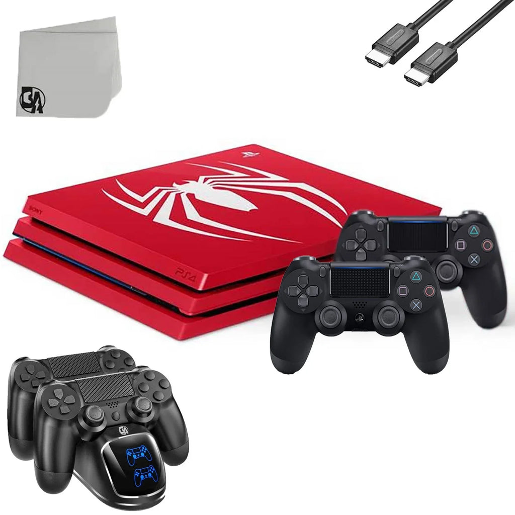 Sony PlayStation 4 Pro 1TB Gaming Console Spider-Man Limited Edition with Charging Dock HDMI Cable 2 Controller Bolt Axtion Like New