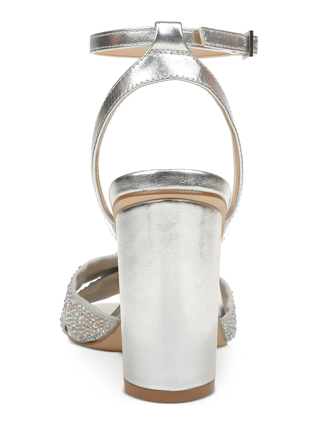 JEWEL BADGLEY MISCHKA Womens Silver Padded Metallic Rhinestone Twisted Strap Adjustable Strap Ankle Strap Nicoline Round Toe Block Heel Buckle Dress Heeled Sandal 7.5 M
