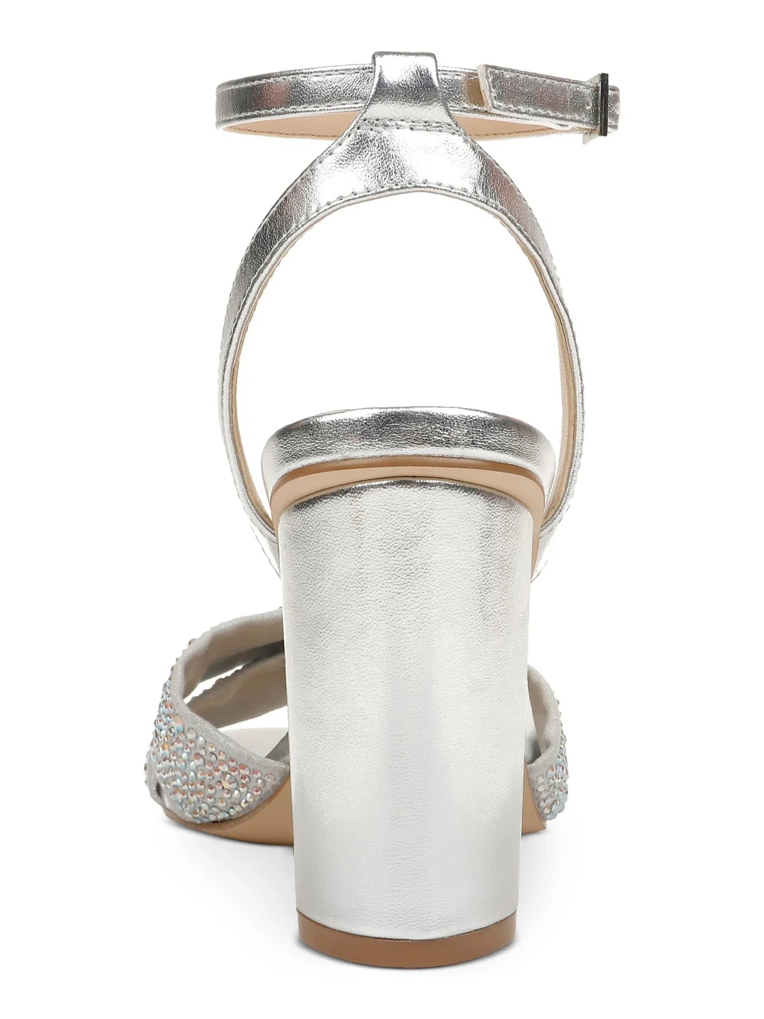 JEWEL BADGLEY MISCHKA Womens Silver Padded Metallic Rhinestone Twisted Strap Adjustable Strap Ankle Strap Nicoline Round Toe Block Heel Buckle Dress Heeled Sandal 7.5 M