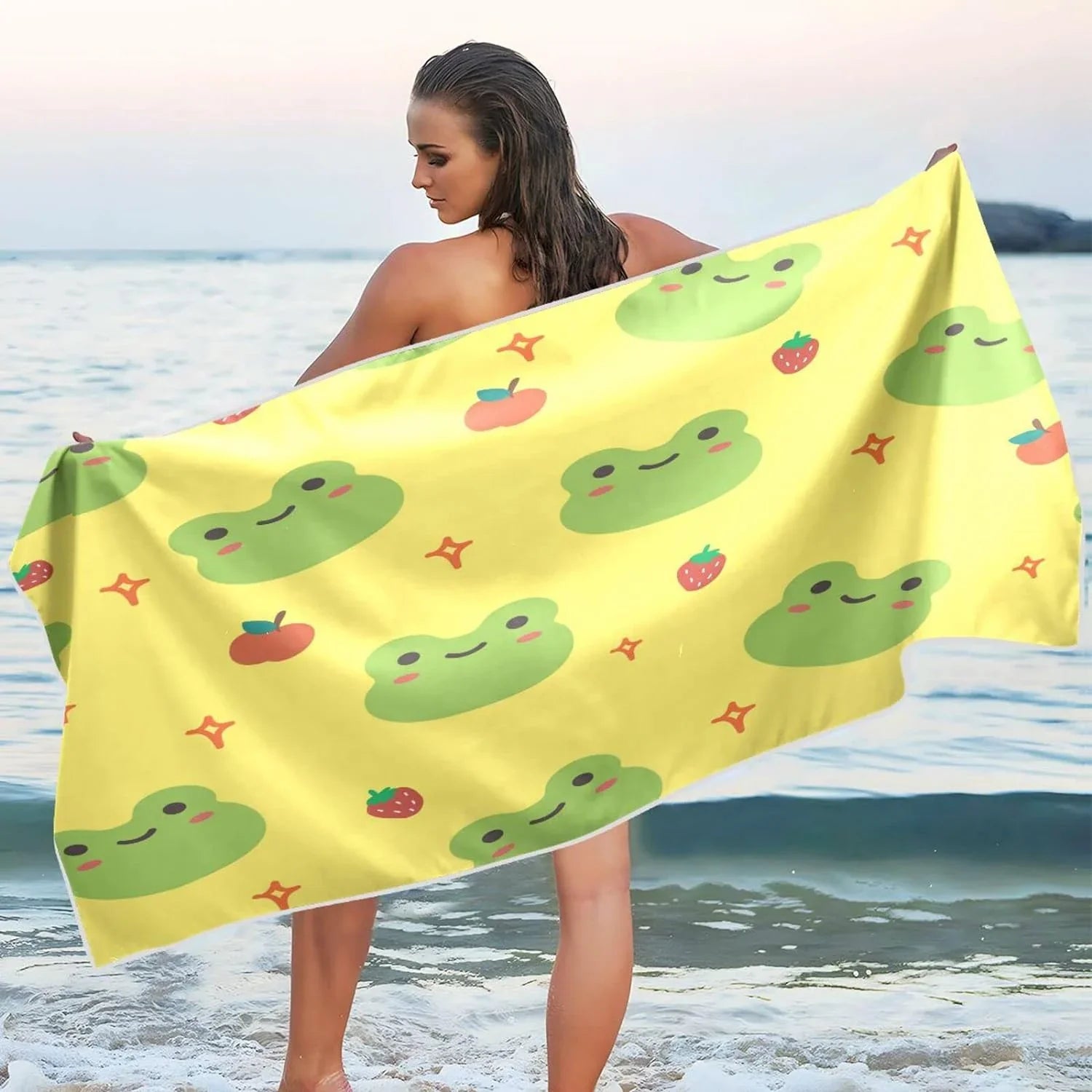 Bestwell Cute Cartoon Frog Beach Towel - Lightweight Compact Oversized Travel Towels - Super Absorbent Quick Dry Towel for Swimming Camping Holiday（194）