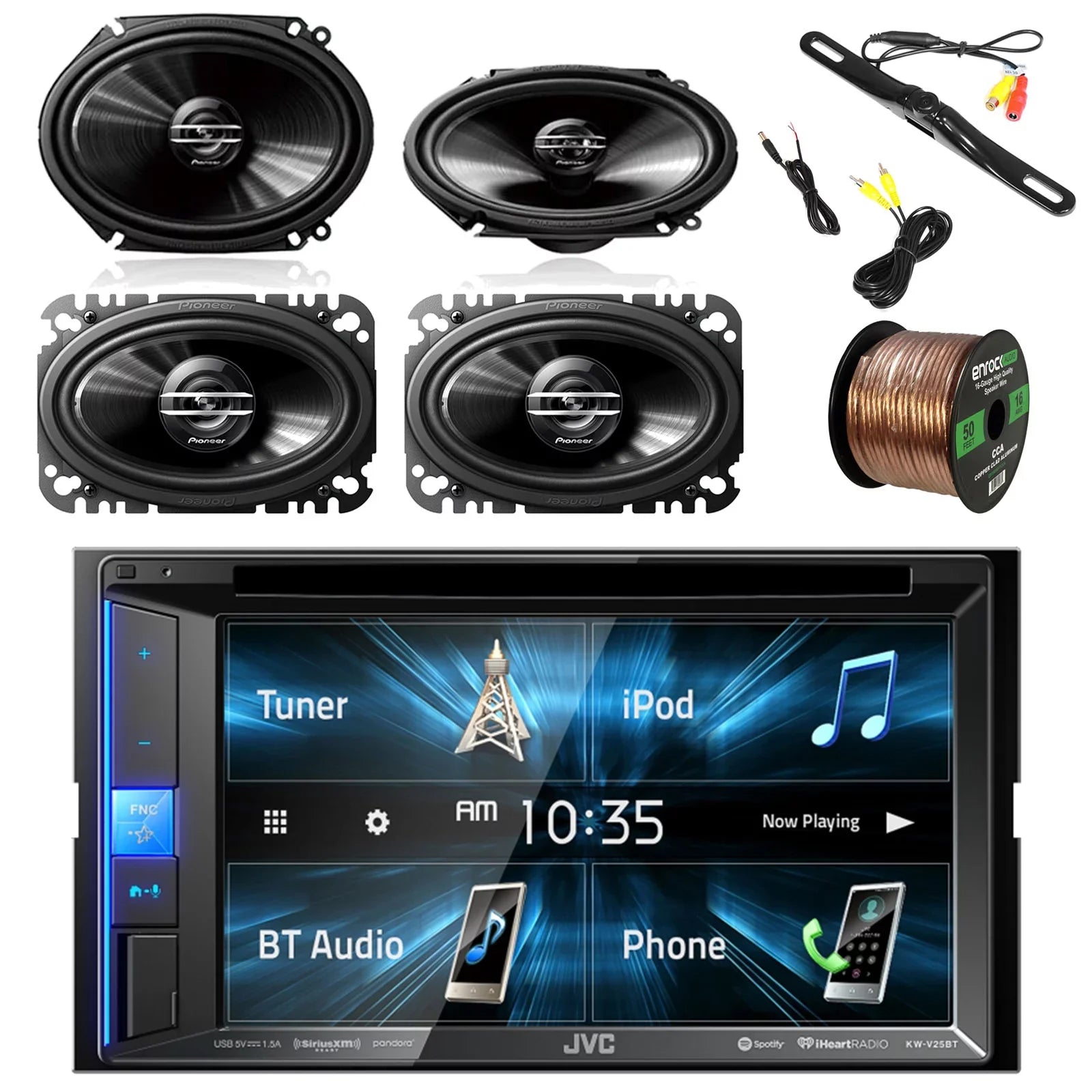 JVC KWV140BT 2DIN BT Car Stereo Receiver with Pyle License Plate Mount Rear View Color Camera, Pioneer 250W 6x8" 2-Way SPKR(Pair), Pioneer 4x6 2-Way 200W Car SPKR(Pair) & Enrock 16G 50' SPKR Wire