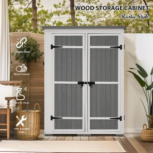 Outdoor 5.5ft Hx4.1ft L Wood Storage Shed, Garden Tool Cabinet with Waterproof Asphalt Roof, Four Lockable Doors, Multiple-tier Shelves, White and Gray