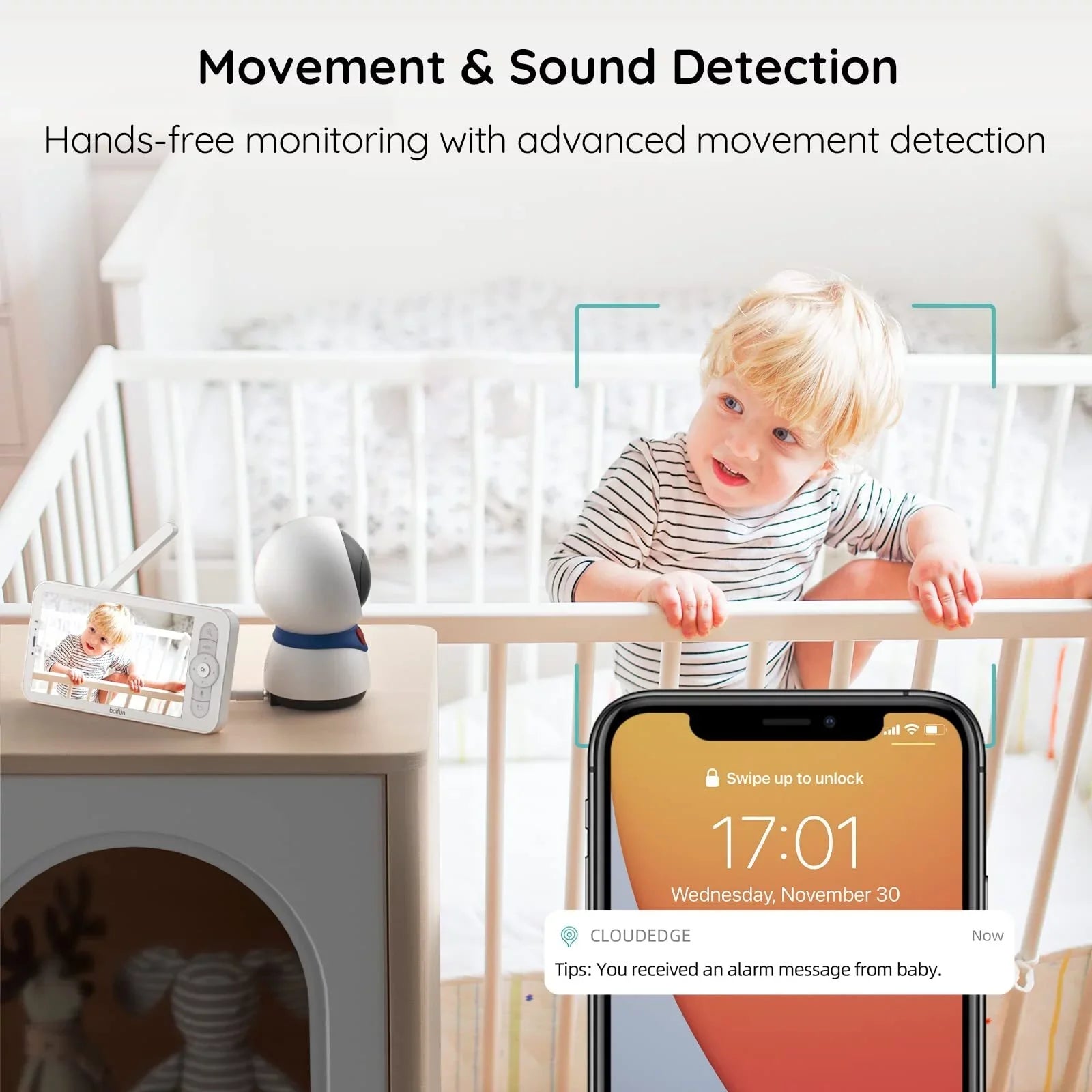 BOIFUN Video Baby Monitor with Remote Pan-Tilt-Zoom, 1080P, Motion Detection & Auto Track, 300M Long Range, APP, Night Vision, 5'' Smart Baby Monitor with Camera and Two-way Audio