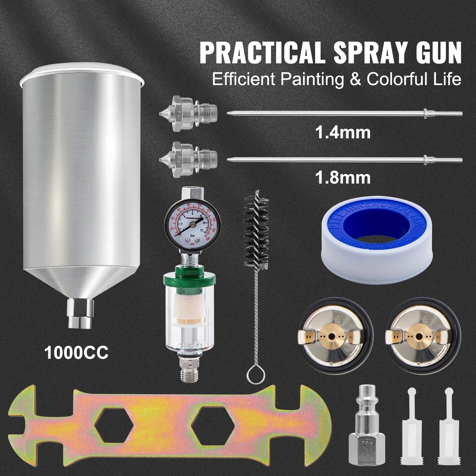 SKYSHALO HVLP Spray Gun, High Performance Automotive Gravity Feed Spray Gun with 1.3mm 1.4mm 1.8mm Stainless Steel Nozzles, 1000cc Aluminum Cup for Auto Paint, Primer, Clear/Top Coat & Touch-Up