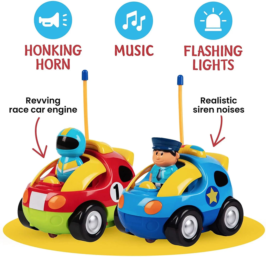 Prextex 2 Pack Cartoon Remote Control Cars | Police Car and Race Car - RC Toys for Kids, Boys, & Girls - Each with Different Frequencies So Both Can Race Together - Gifts for Toddler Boys Ages 2-4