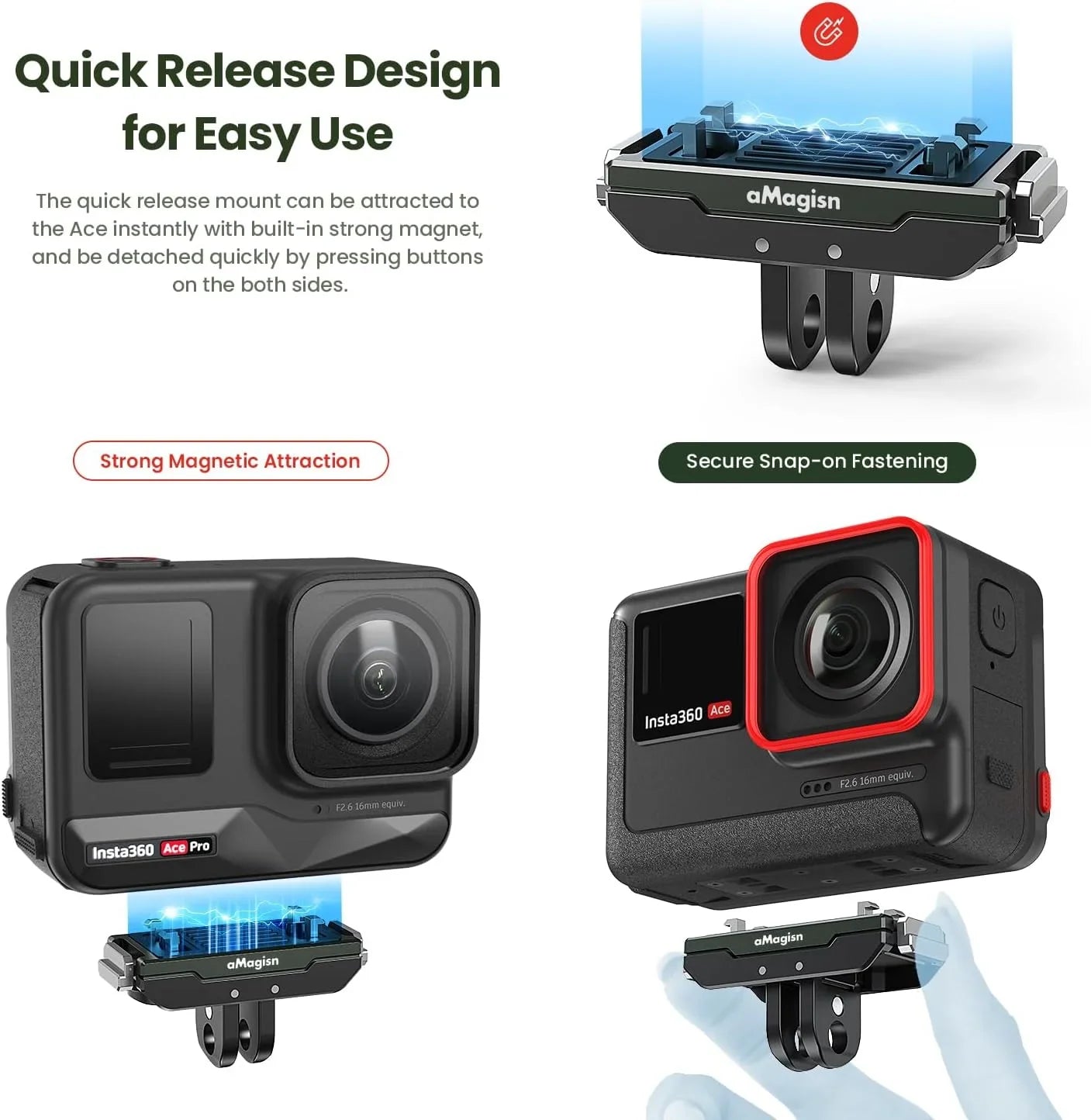 GAEKOL Insta360 Ace Pro Quick Release Mount, Snap-On Magnetic 2 Prong Mount and 1/4 Thread Mount for Insta360 Ace Pro / Insta360 Ace