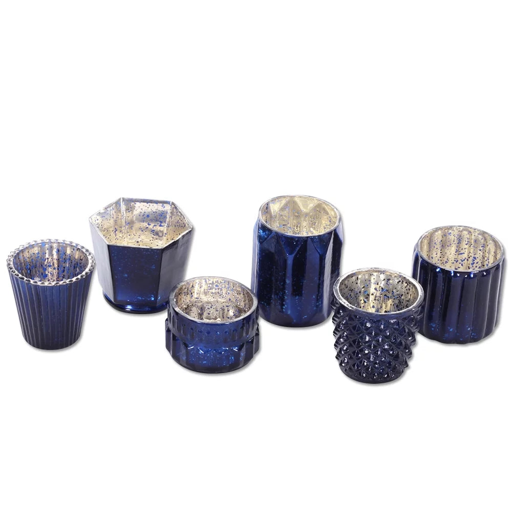Koyal Wholesale Navy Blue Mixed Mercury Glass Candle Holders, 6−Pack, Mismatched Candle Holders for Candle Votives