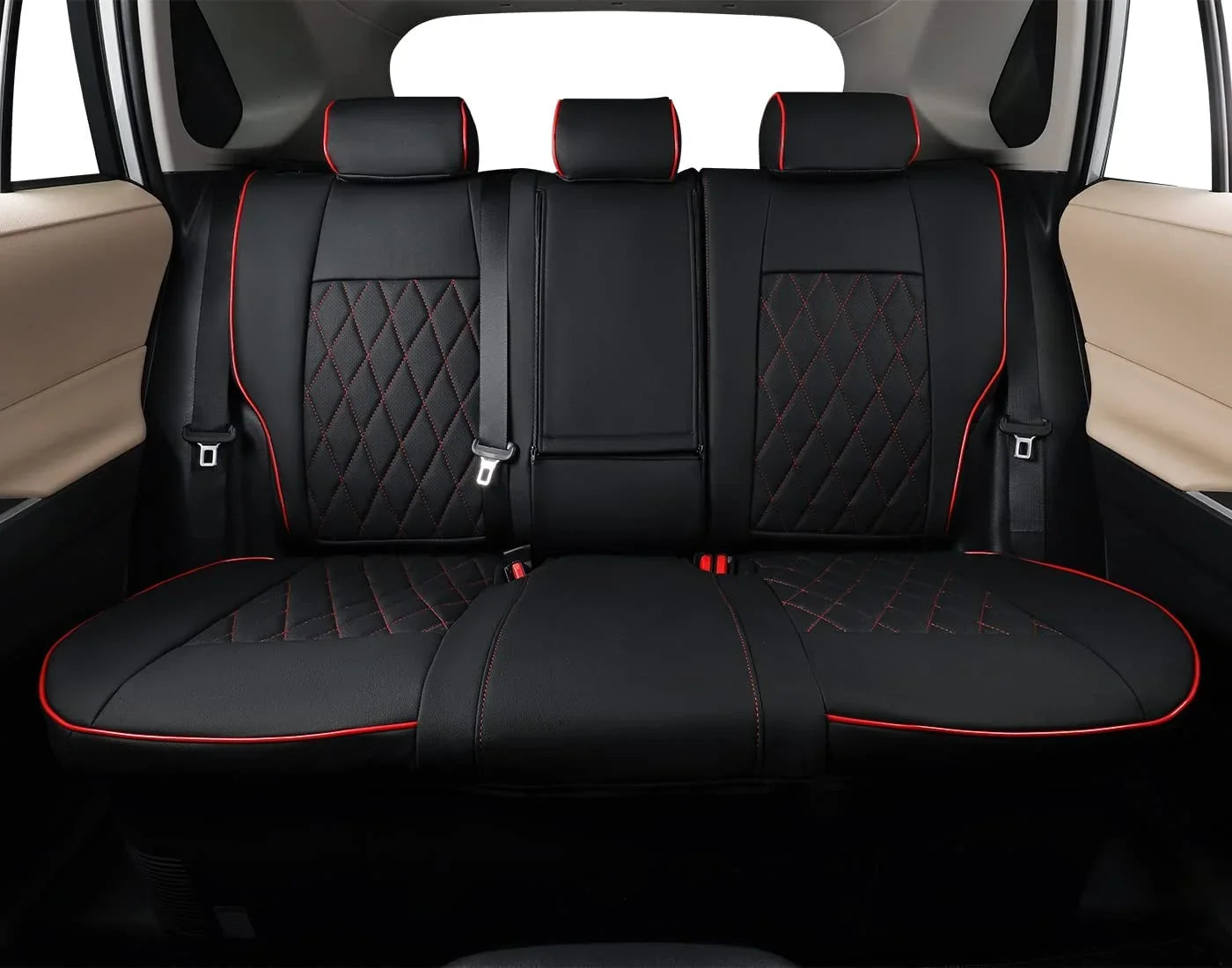 EKR Custom Fit Taos Car Seat Covers for Volkswagen Taos S SE 2022 2023-Full Set Leather Auto Seat Covers(Black with Red Trim)