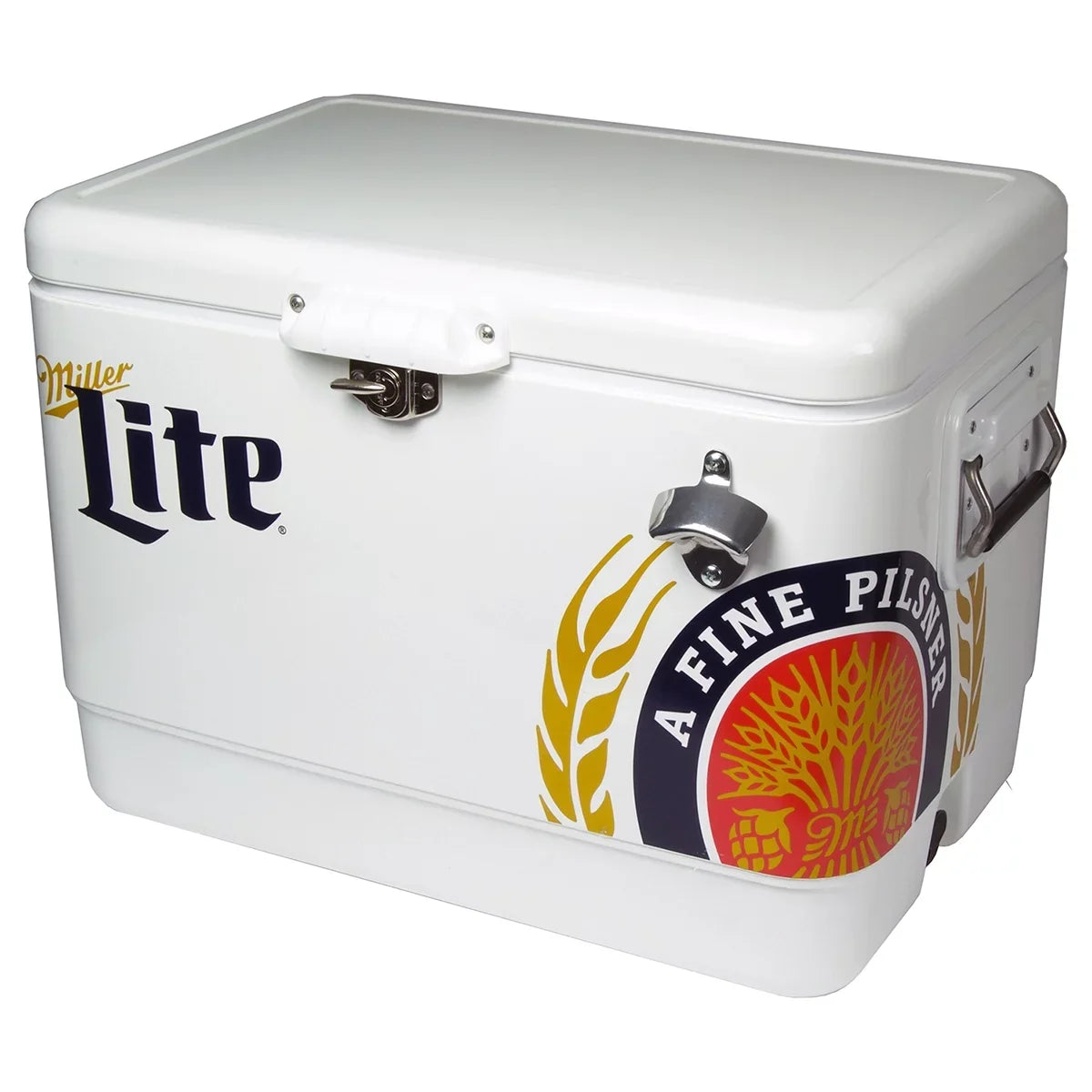 Miller Lite Ice Chest Beverage Cooler with Bottle Opener, 51L (54 QT), 85 Can steel-belted Portable Cooler, White and Blue, for Camping, Beach, RV, BBQs, Tailgating, Fishing