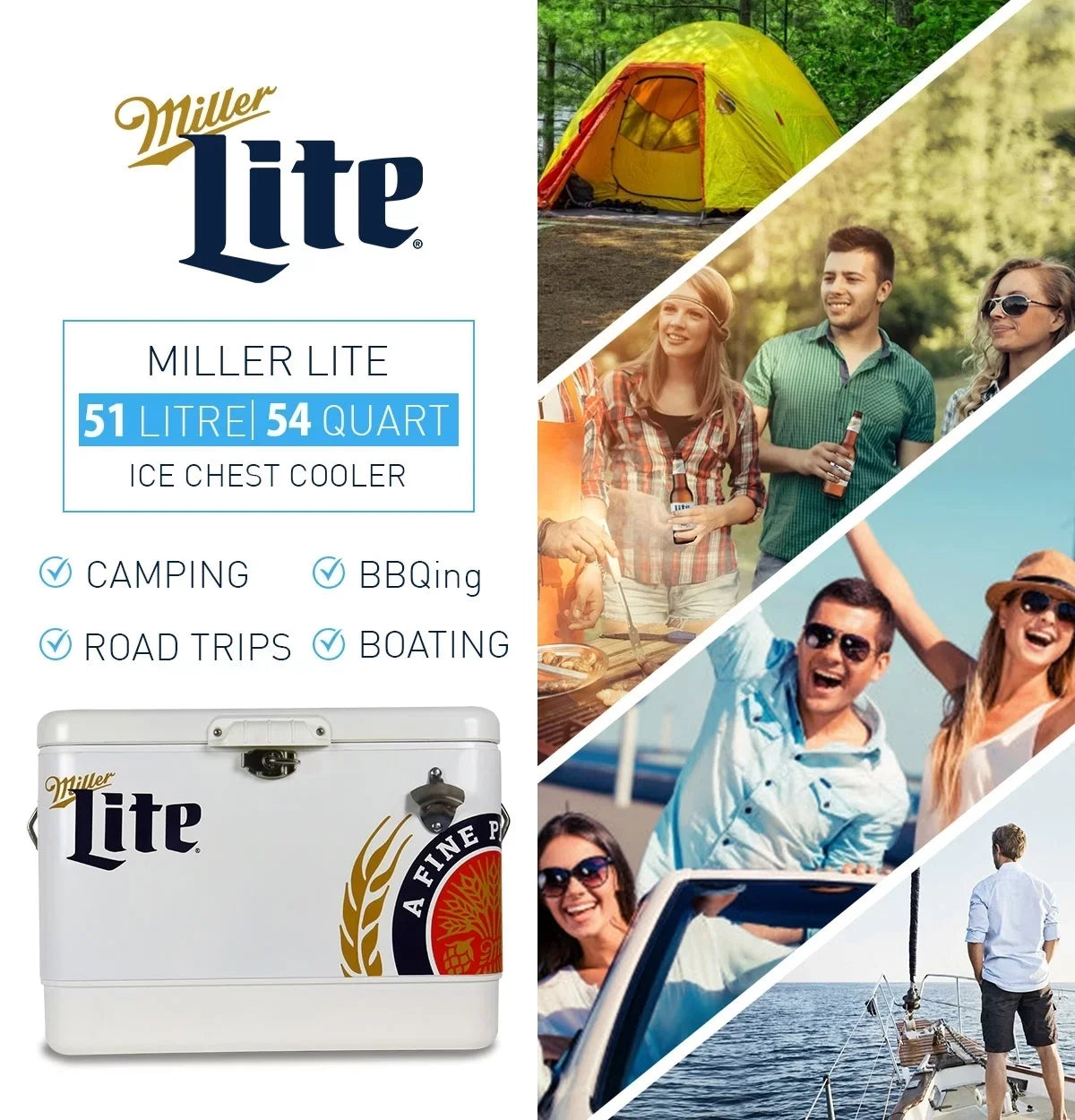 Miller Lite Ice Chest Beverage Cooler with Bottle Opener, 51L (54 QT), 85 Can steel-belted Portable Cooler, White and Blue, for Camping, Beach, RV, BBQs, Tailgating, Fishing