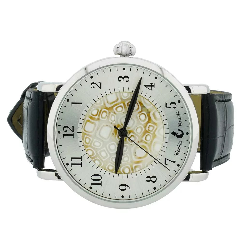 GlassOfVenice Murano Glass Men's Millefiori Watch With Leather Band - White and Black