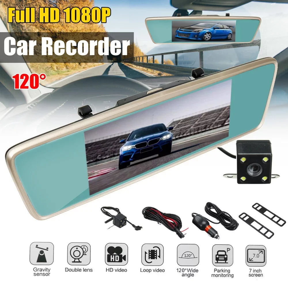 PMUYBHF 7'' Cam Night Front and Rear 1080P Backup Camera FHD T-ouch Screen Car Recorder with Loop Recording, G-Sensor, Parking 120° Wide Angle