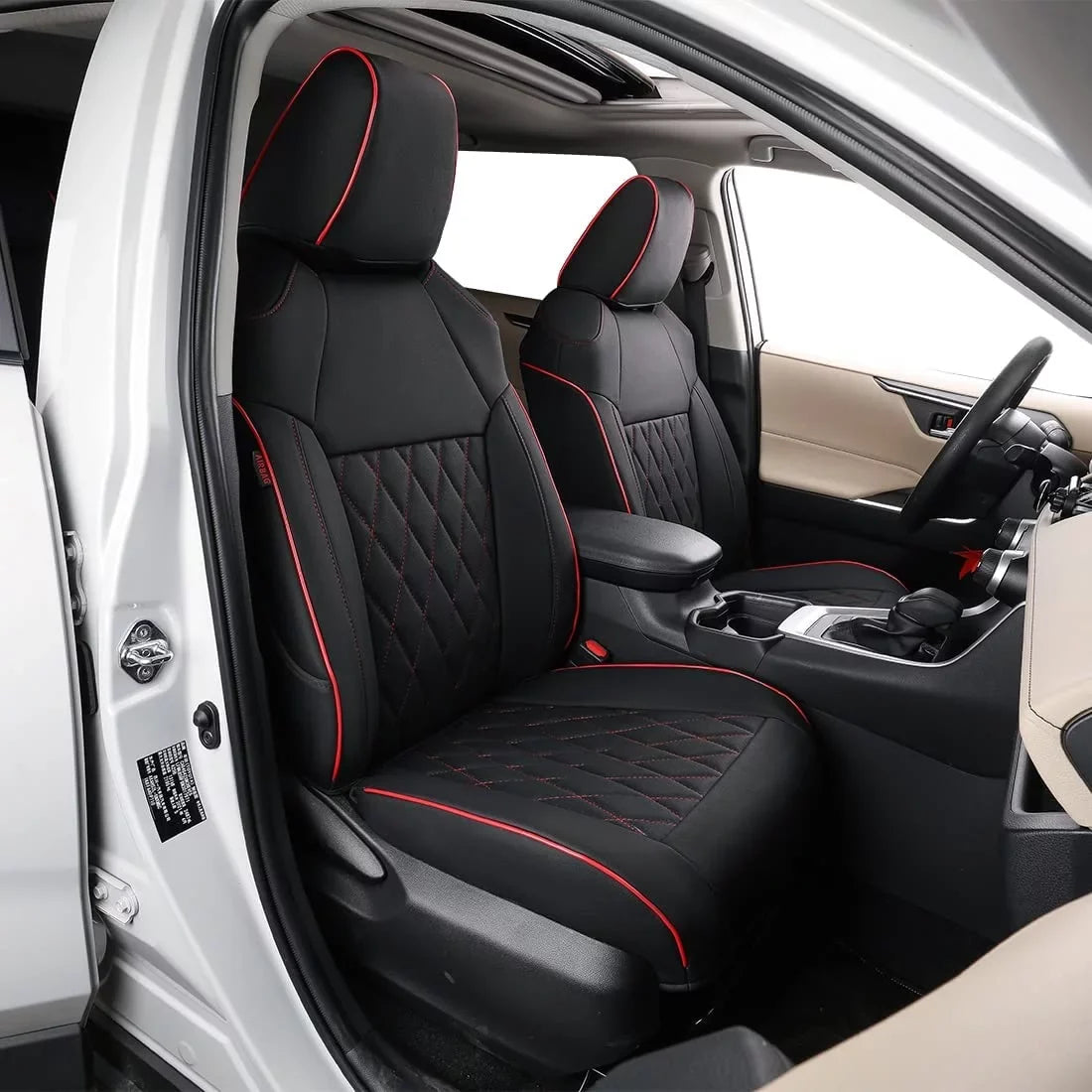 EKR Custom Fit Taos Car Seat Covers for Volkswagen Taos S SE 2022 2023-Full Set Leather Auto Seat Covers(Black with Red Trim)
