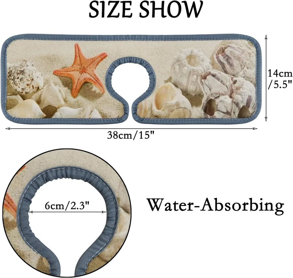 Bestwell 3PCS Faucet Absorbent Mat, Sea Beach Starfishes Summer Washable Sink Splash Guard Drip Catcher, Kitchen Bath Countertop Sinkmat Microfiber Drying Mats